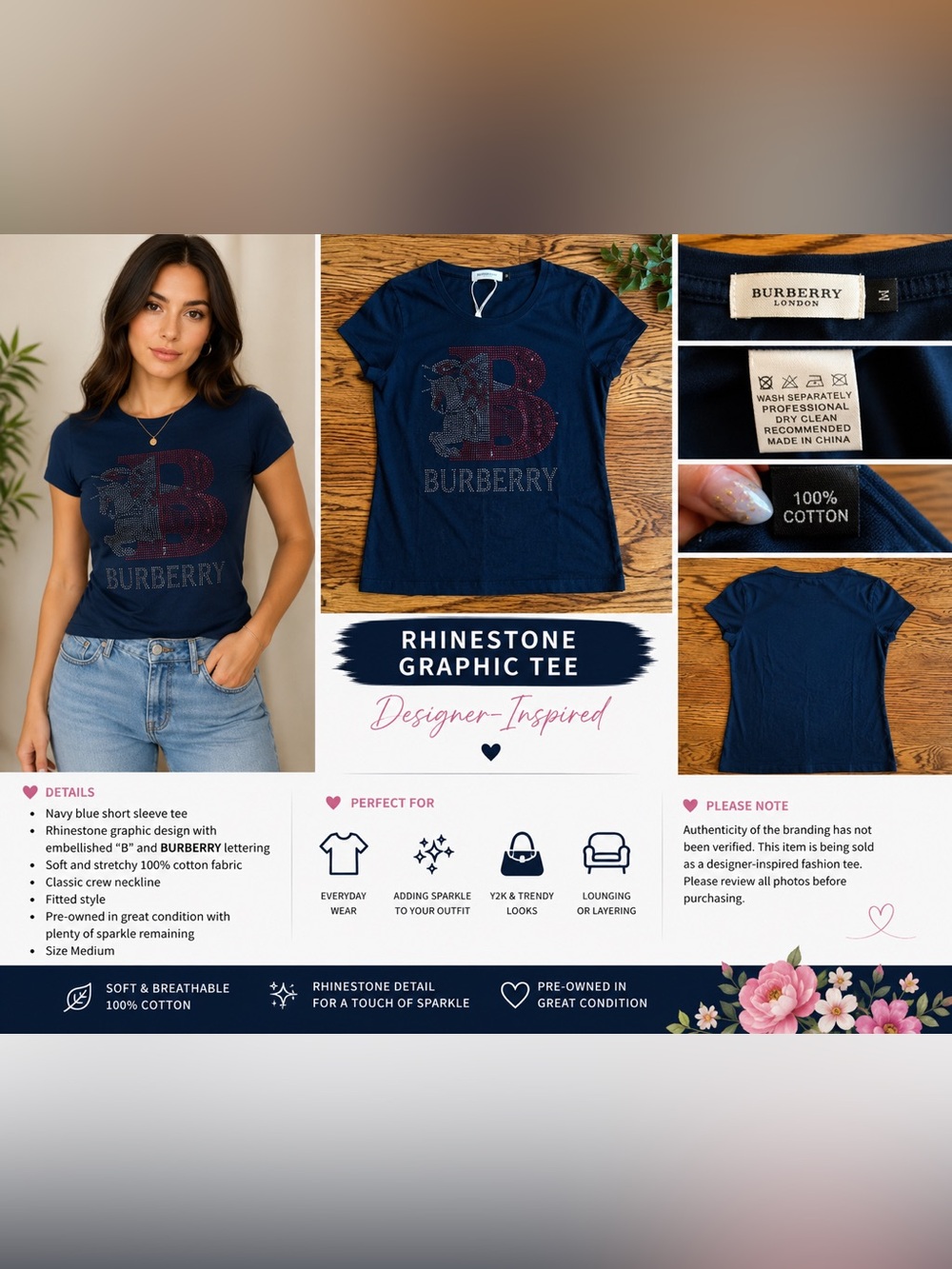 Navy Rhinestone Designer-Inspired Graphic Tee Size Medium